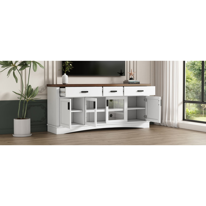 Élégante console de télévision avec tiroirs, espaces de rangement et une grande surface pour la décoration du salon