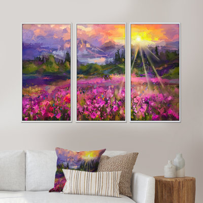 " Purple Cosmos Flowers With Bright Sun Over Mountainscape " 3 - Pieces