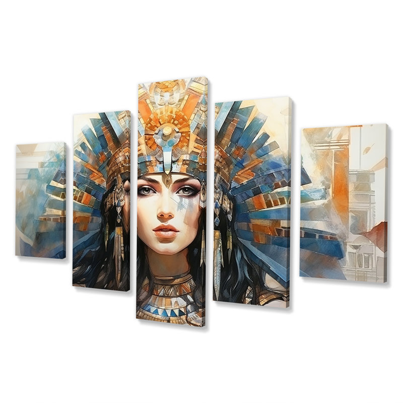 Or égyptien doré et bleu «Pharaon's Woman III», art mural multi-panneaux égyptien pour le salon