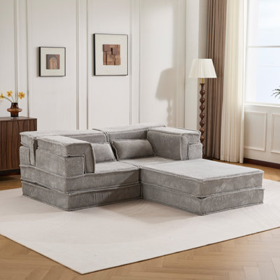 Compression Mahjong Sofa,Convertible Floor Sofa Bed,DIY Boneless Modular Sectional Sofa,No Assembly Required,Circle Fleece Fabric,Oversized 2 Seater With 1 Ottoman,Light-Grey