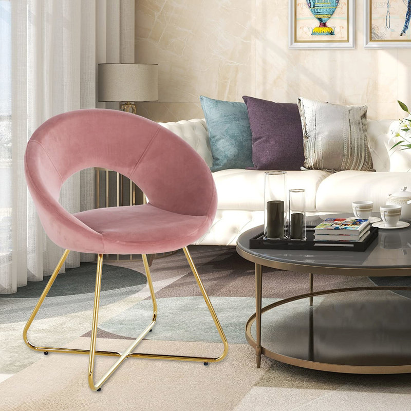 Chaise Mid-Century en velours rose - Fauteuil de salle à manger 2 pièces avec cadre en métal doré Comfy