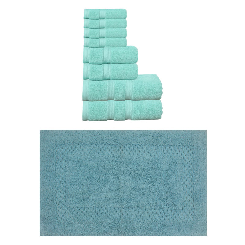 Bublitz Classy Bath Mat 100% Soft Cotton Bath Towel Set & Bath Rug, Linen, 8 Piece Bath Towel Set & 1 Piece 17"x24" Bath Rug