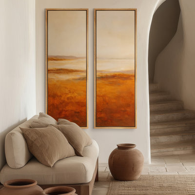 Warm Sunset Horizon Landscape - Set of 2 Framed Wall Art Print on Canvas 60"x20"x2pcs