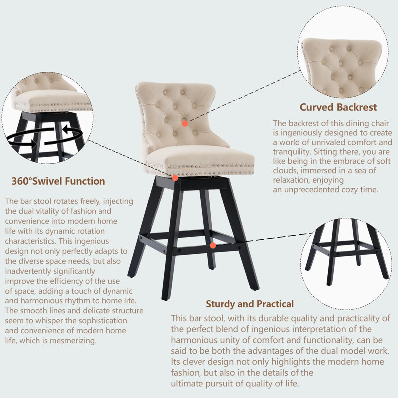 Velvet Swivel Tufted Wooden Barstools Set of 4, Beige
