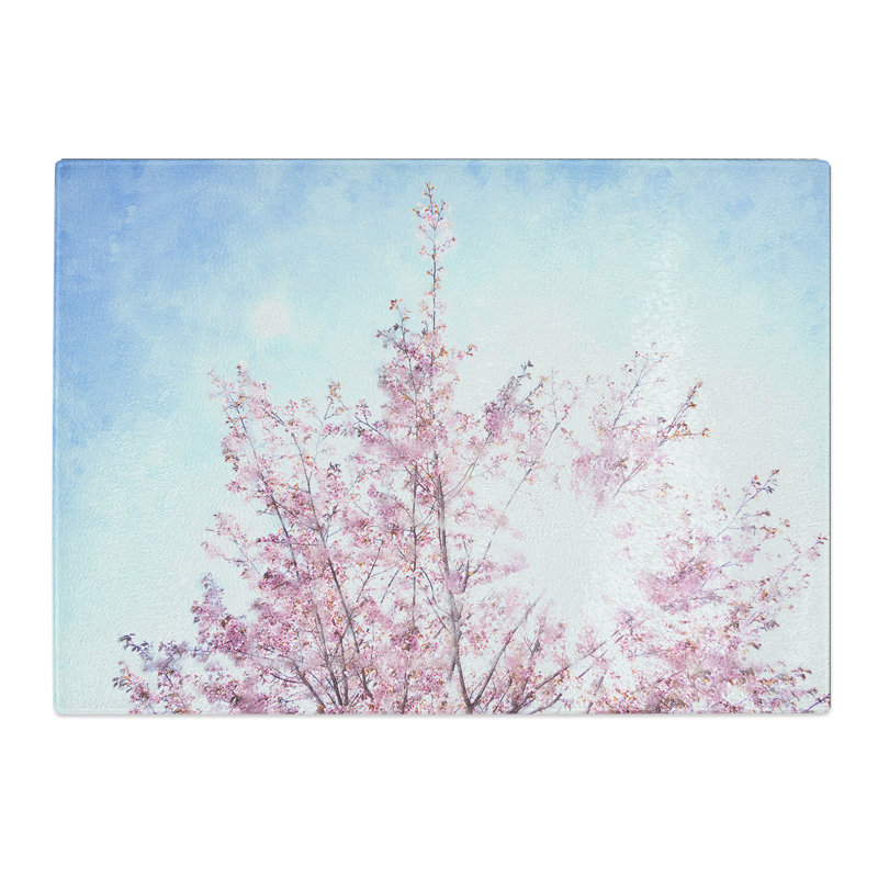 Tempered Glass Pink Japanese Cherry Tree in Spring Chopping Board, 20 cm x 28.5 cm