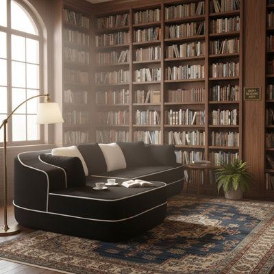 Chaise longue noire en tissu Teddy, faisant face à gauche, sans assemblage, chaise longue moderne avec passepoil contrastant