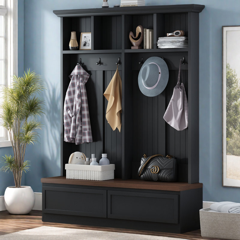 75.7"H Hall Tree with Open Storage,4-in-1 Hall Tree with Bench, Black