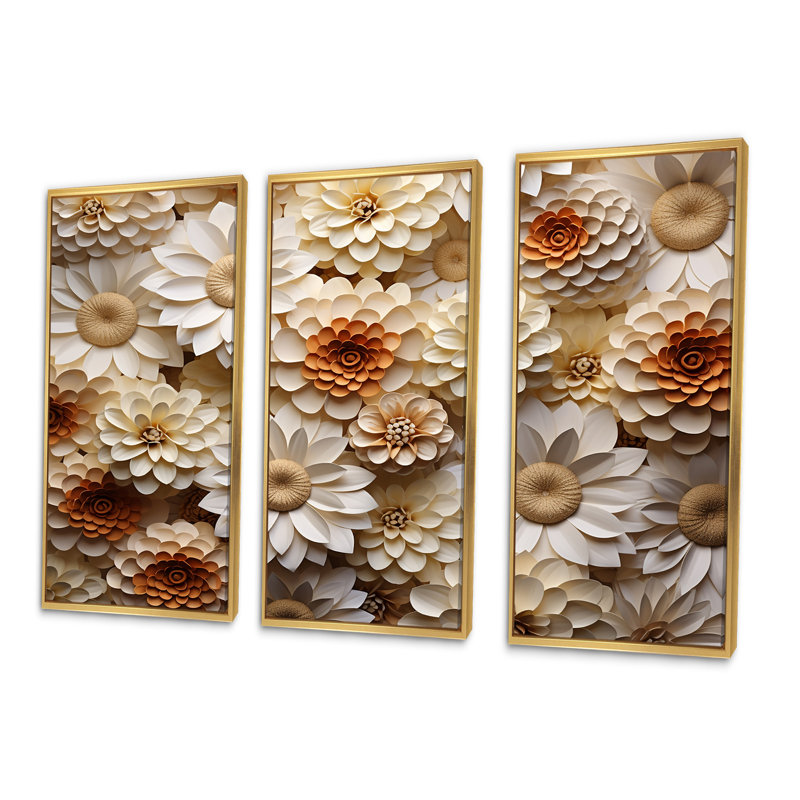 «Vibrant White Zinnias Collage - Zinnias», ensemble d'art mural, Cadre flottant doré, H 32 po x l 48 po x P 1 po