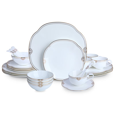 24 Piece Porcelain Dinnerware Set, Scalloped Bone China Plates And Bowls Sets For 4 With Double Gold Rim