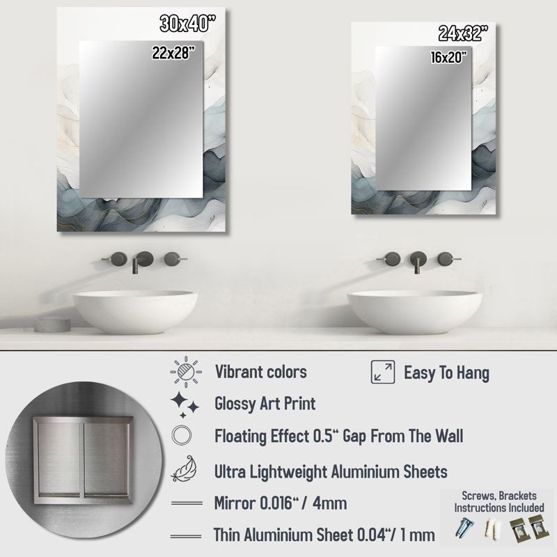 Blue Grey Line Art Conceptual Abstract II - Line Art Mirror, Blue Unique Wall Mirror, Printed Metal Art, 32" x 24"
