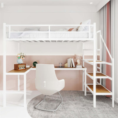 Lit mezzanine avec bureau en L, grand espace de rangement, structure robuste et conception silencieuse pour les familles en pleine croissance et les salles polyvalentes