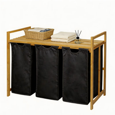 Bamboo Laundry Basket and Storage Rack with 3 section hamper