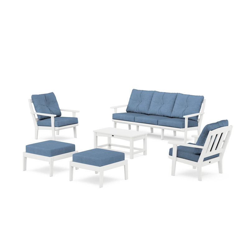 Ensemble de conversation avec canapé et coussins 6 pièces Cape Cod, Bleu ciel, Blanc classique