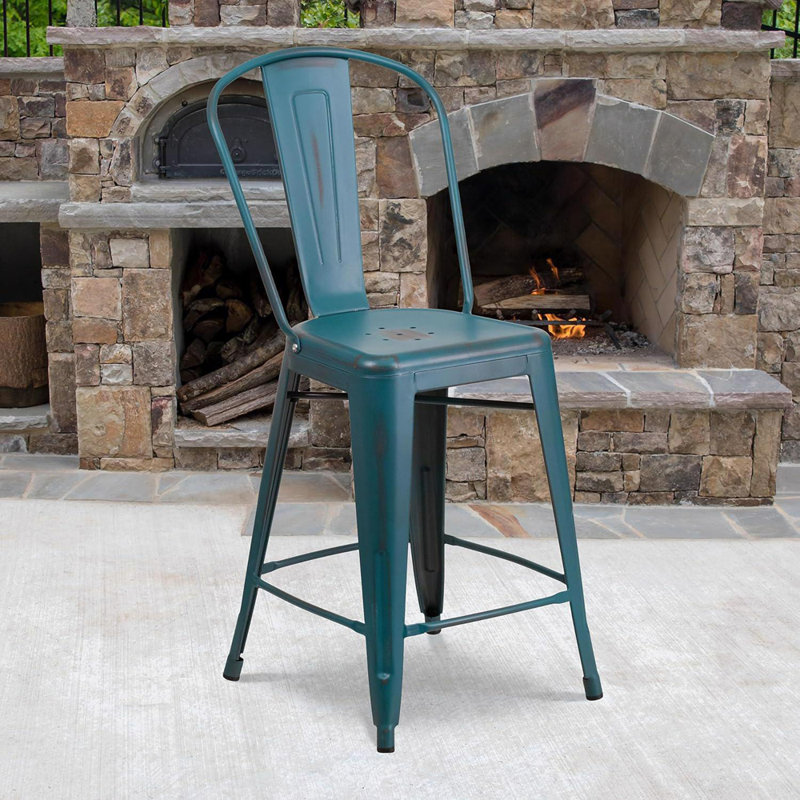 Blake Industrial Style Bar Chair - Set of 4 - Modern Metal Bar or Counter Height, 61cm, Blue Teal