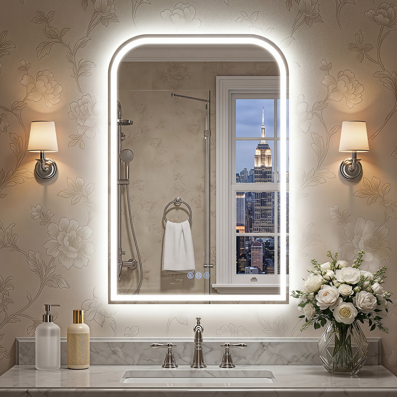 Miroir de salle de bain à DEL arqué, lumière réglable, verre antibuée, 24"×36"