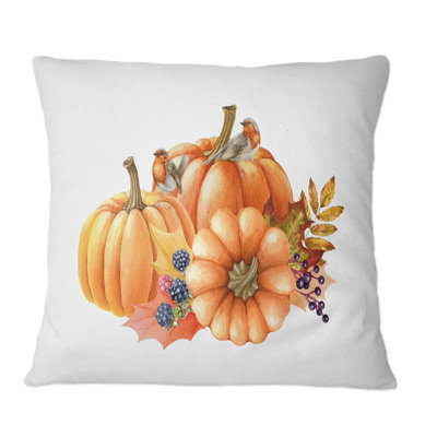 Pumpkin And Birds On White - Casual Printed Throw Pillow