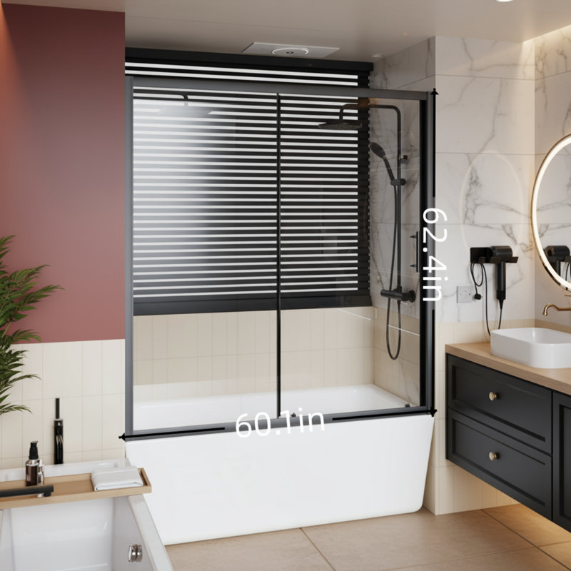Black Single Sliding Bathtub And Shower Door, 1/5-inch Clear Tempered Glass, With Stainless Steel Handle, Simple And Durable.