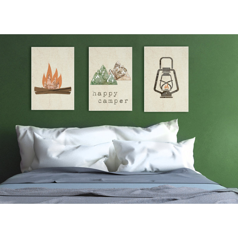 «Happy Camper Mountains and Lantern», ensemble de 3 œuvres d'art encadrées