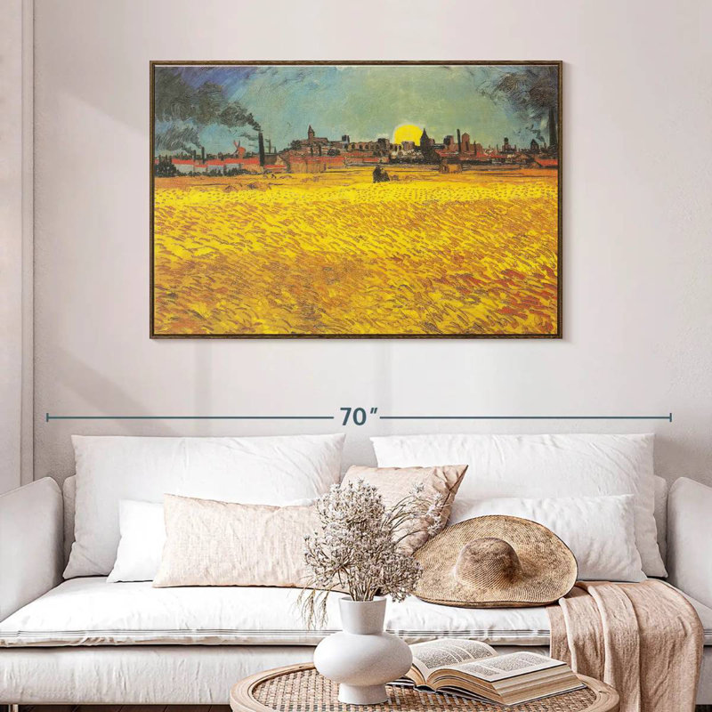 Champ de blé au coucher du soleil, 46 po x 31 po, Cadre flottant en noyer