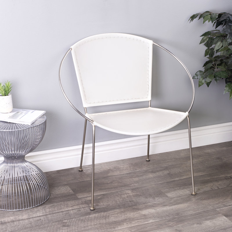 Torkom 31" Faux Leather Side Chair, White Genuine Leather/Silver