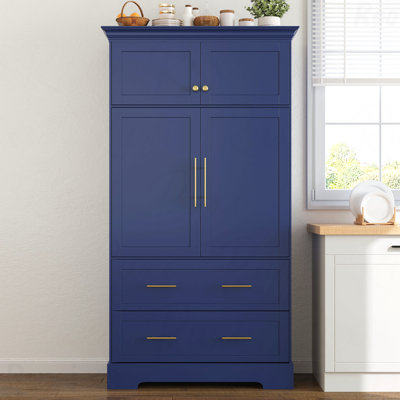 40''X18''X72.6'' Farmhouse Freestanding Kitchen Pantry - 4 Doors, Pull-Out Trays, Drawers, Cake Pan Storage, Blue