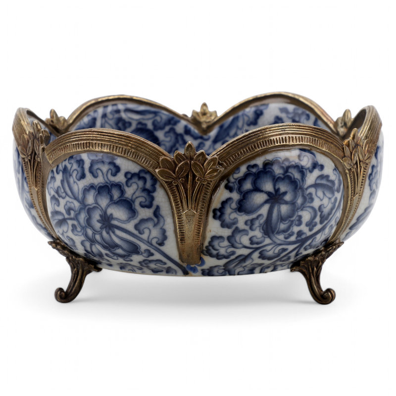 Porcelain Scallop Bowl With Bronze Blue White Floral