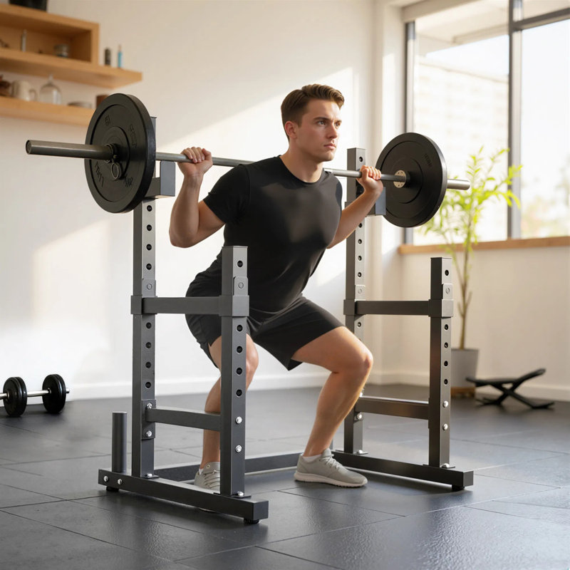 Adjustable Squat Rack, 660lbs Multi-functional Steel Bench Press Rack With Dual Barbell Holders & Safety Spotter Arms, Plate Storage For Home Gym Strength Weight Lifting Training