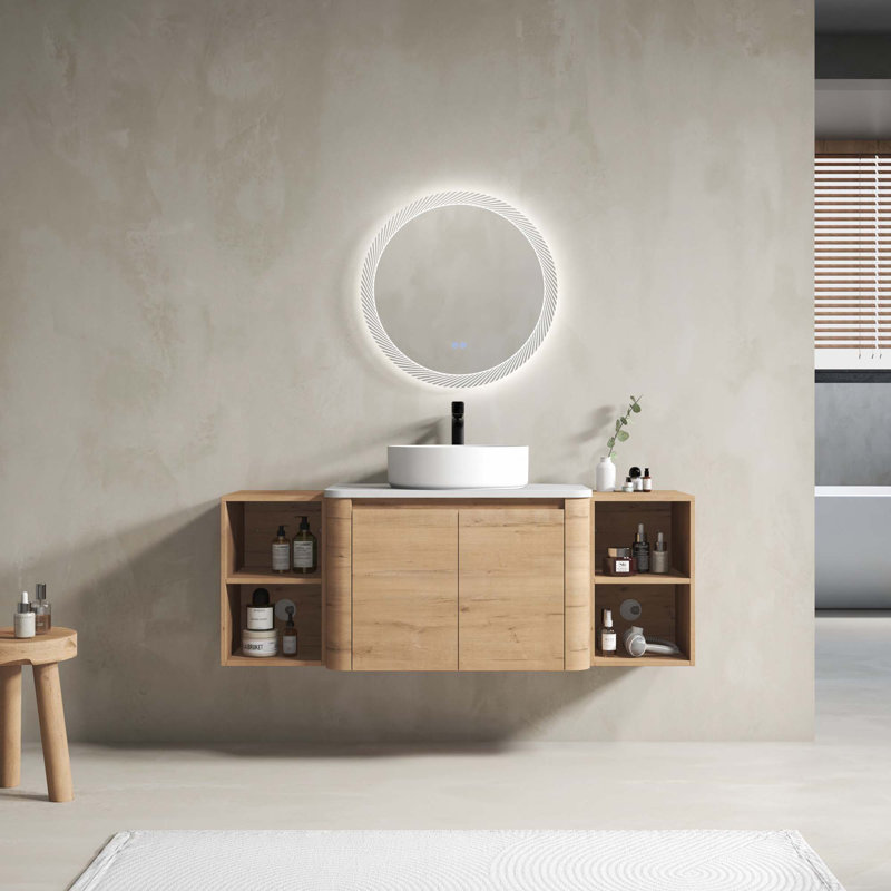 Meuble-lavabo mural 54 po avec lavabo d'art en céramique, 2 tablettes de rangement et 2 portes à fermeture en douceur, 53"