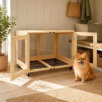 Dorien Dog Crate End Table, Solid Wood Furniture Design With Tempered Glass Double Doors For Small Dogs And Indoor Use