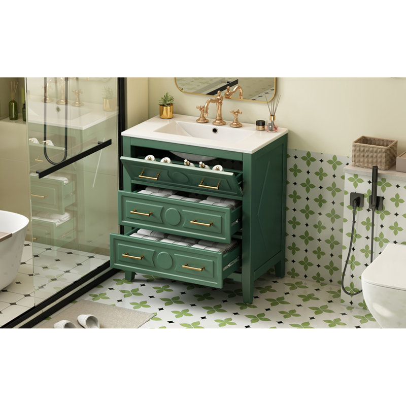 Ensemble de meuble-lavabo simple 30 po avec lavabo en céramique 30 po et 3 tiroirs, Vert