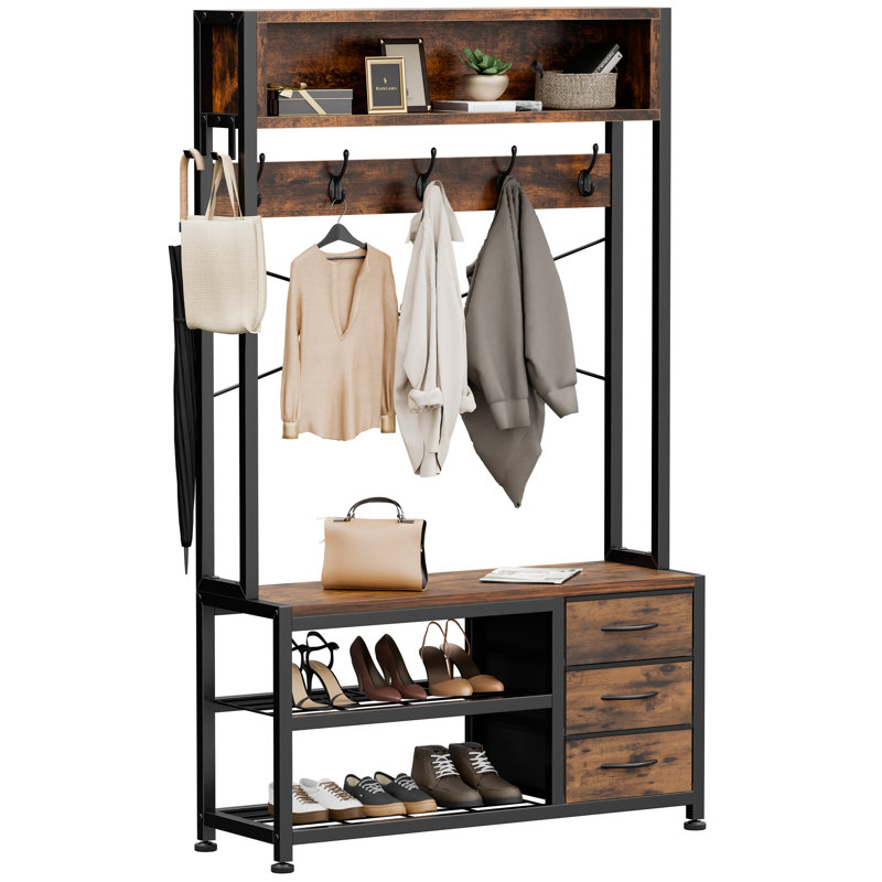 Gerzik 5 in 1 Hall Tree with Bench and Shoe Storage, Entryway Bench with 7 Coat Hooks 3 Drawers and Top Storage Shelf, for Hallway Living Room