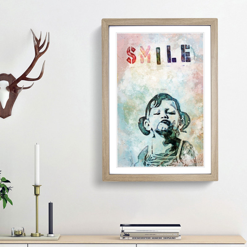 Smile in Abstract by Banksy - Framed Print, 65cm H x 48cm W x 2cm D, Oak Framed