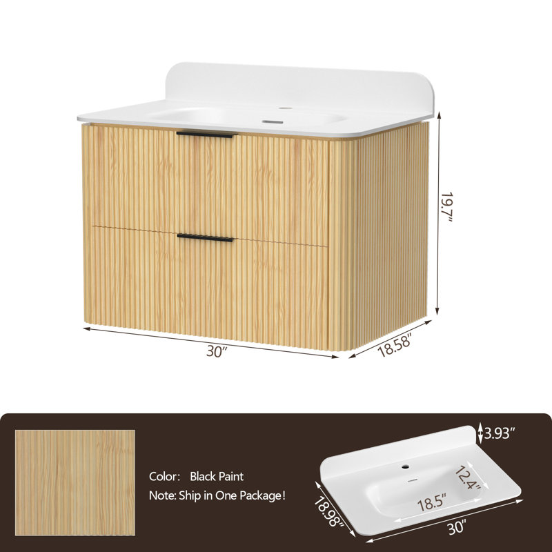 Meuble-lavabo mural en bois massif de 30 po avec lavabo et dosseret en acrylique simple, Chêne naturel / noir mat