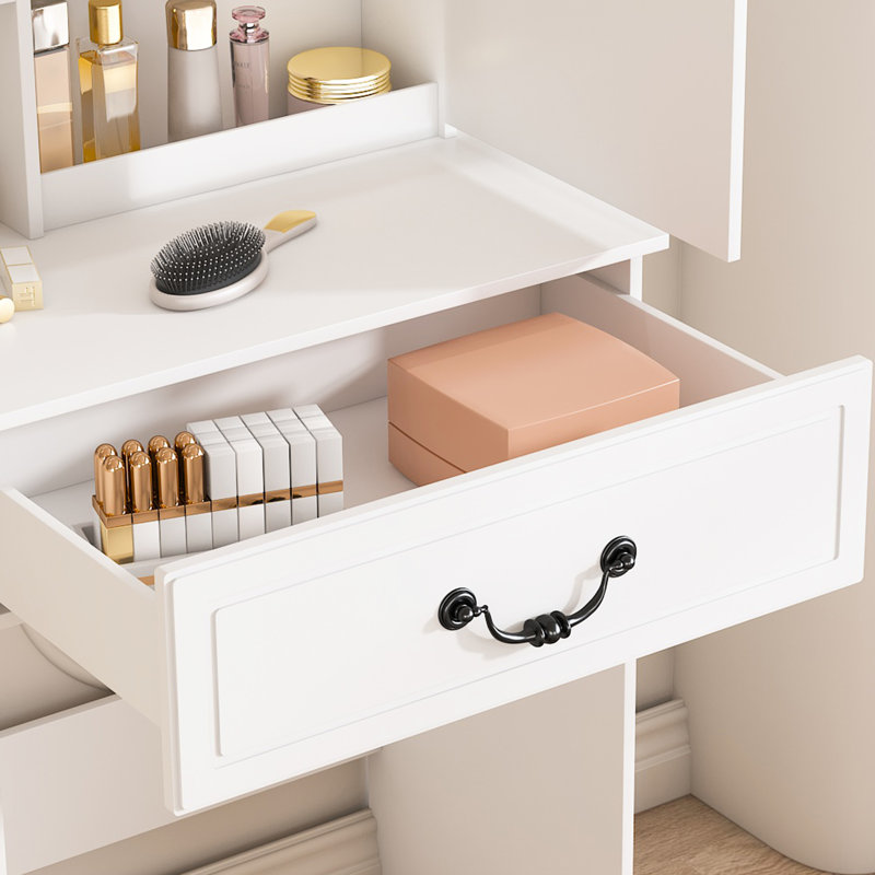 Mini coiffeuse moderne avec miroir à luminosité réglable, rangement intelligent, tablettes à plusieurs niveaux et tabouret rembourré blanc