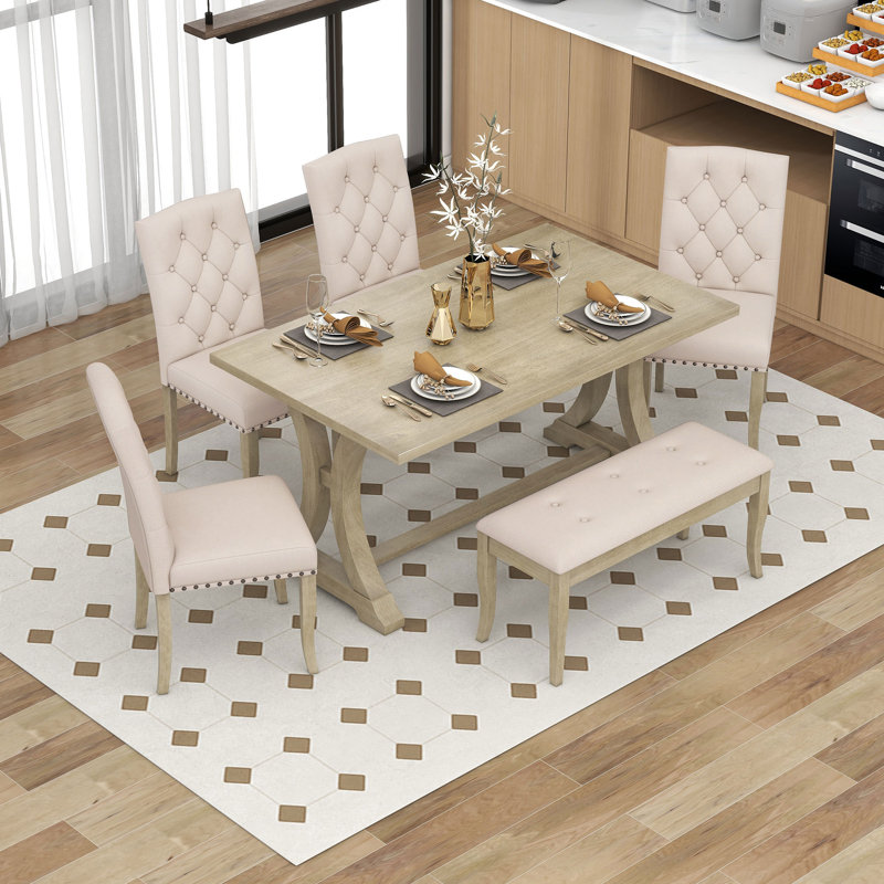 Shanequah 6-Piece Farmhouse Dining Table Set, Rectangular Trestle Table and 4 Upholstered Chairs & Bench for Dining Room,dining room set,dinning table set