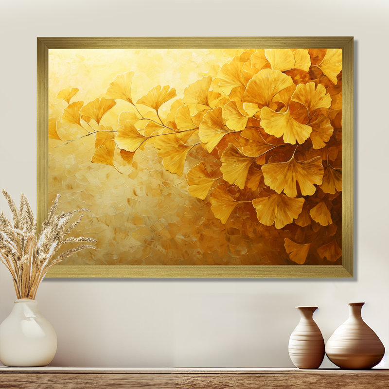 Clarcie Golden Ginkgo Leaves Harmony II - feuilles, art mural pour le salon, Reproduction encadrée d'une seule photo, Doré