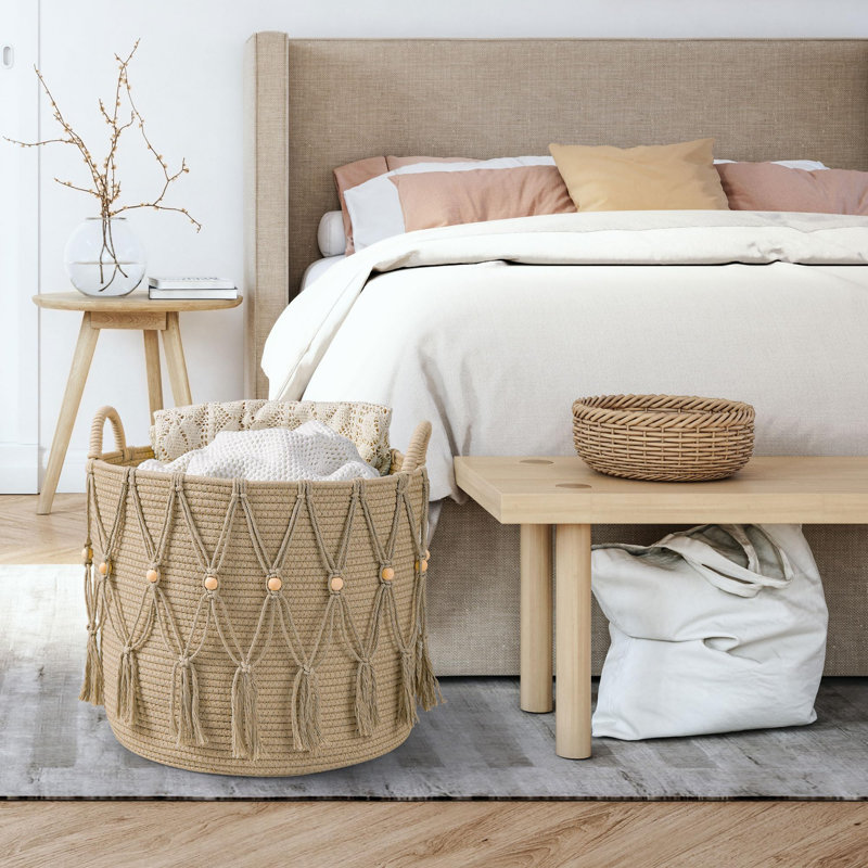 Blanket Basket,Decor Storage Basket For Toy Organizer Boho Decor Baskets,Decor Small Laundry Basket,(Beige), Beige