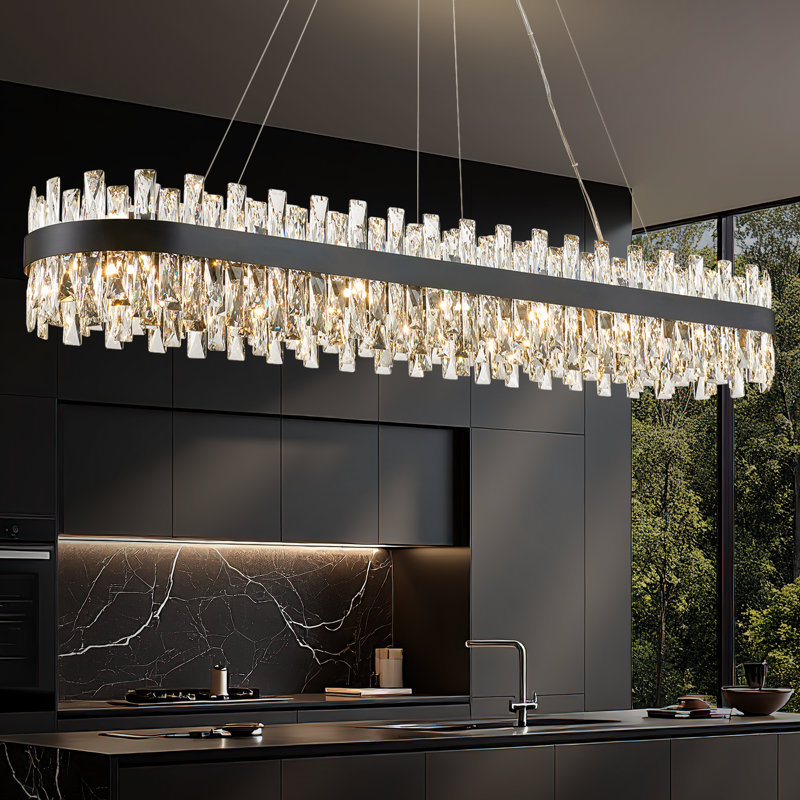 Dimmable Modern Square / Rectangle Crystals Chandelier, Matte Black