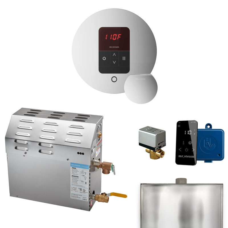 MS 7.5 kW (7500 W) Steam Shower Generator Package with round iTempo Control and Accessories, Polished Chrome