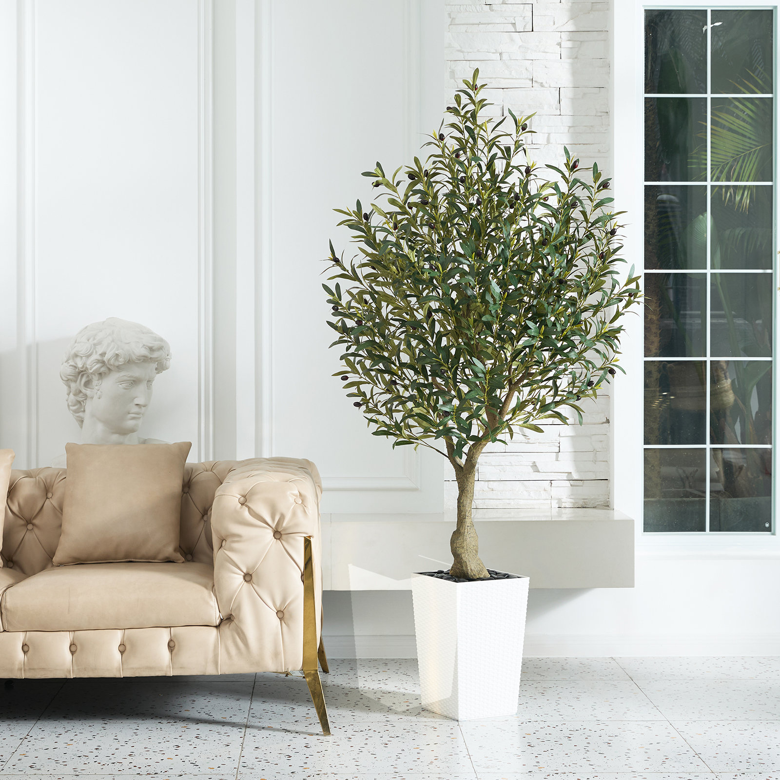 Adcock Olive Tree in Decorative Vase, 72" H x 16" W x 24" D, White
