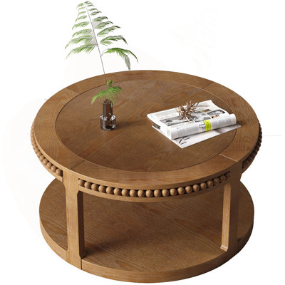 31.5 Inch Round Solid Wood Coffee Table & Sofa Table - Two-Tier Thickened Top, Sturdy Legs, Elegant Design For Living Room