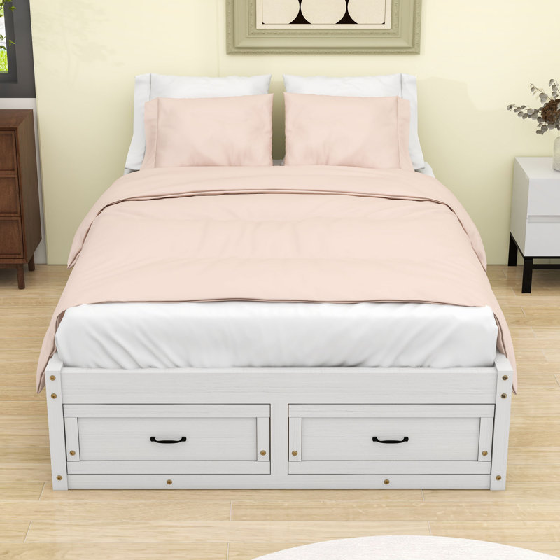 Lit plateforme en bois avec tiroirs et lattes, Blanc antique, Double