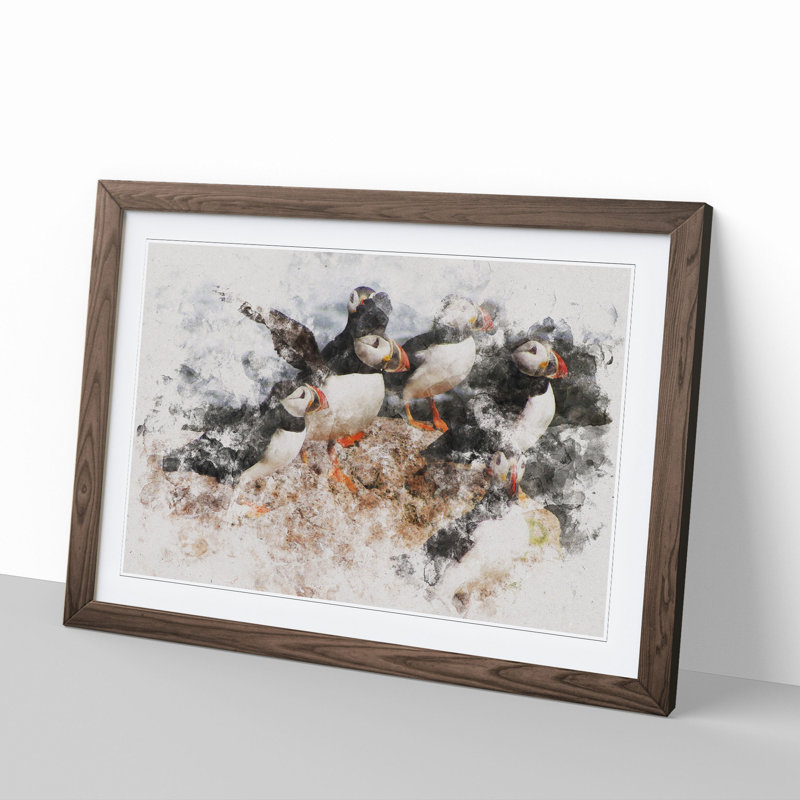 Atlantic Puffin Birds Vol.3 Watercolour - Picture Frame Graphic Art, Walnut, 48cm H x 65cm W x 2cm D