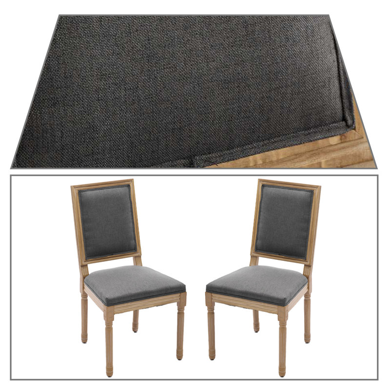 Élégant ensemble de deux chaises de salle à manger rembourrées en lin avec pieds en bois d'hévéa de style français, Gris