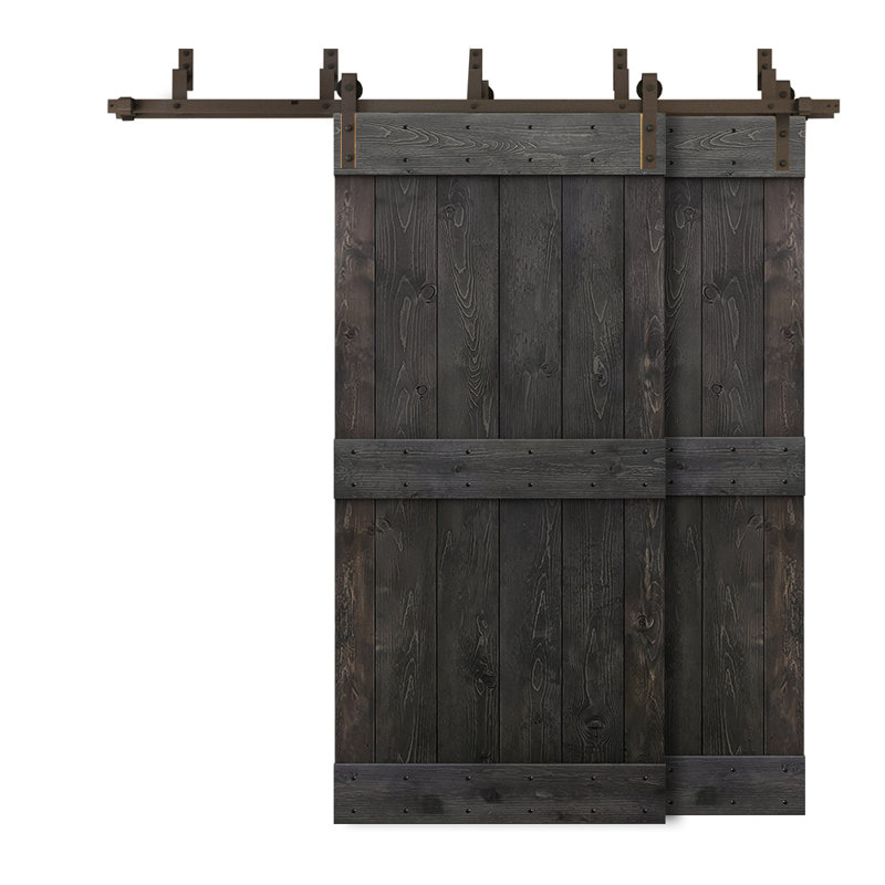 Porte de grange double à panneaux en bois teinté à panneau Mid-Bar, Noir anthracite, 52 po x 84 po