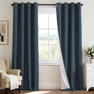 Navy Linen Blackout Curtains, 2-Panel Thermal Insulated Full Light Blocking Drapes with Grommet Top