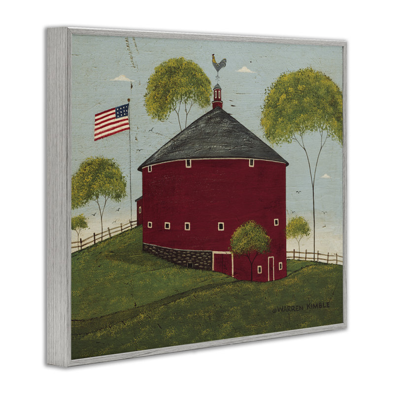 Illustration de giclée encadrée, grange ronde avec drapeau des États-Unis, conception de Warren Kimble, H 24 po x l 30 po