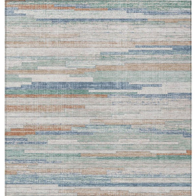 3' X 5' Linen And Pale Aqua Striped Washable Indoor Outdoor Area Rug