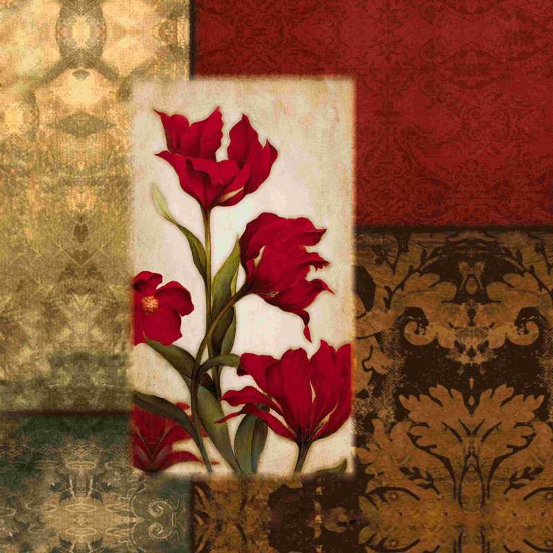 «Red Flower Reds Gold» - peinture sur toile tendue, H 20 po x l 20 po
