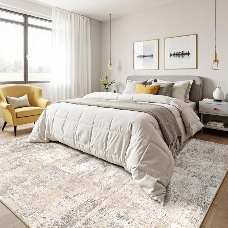 Tapis abstrait lavable à la machine avec envers en caoutchouc antidérapant Elroy, Rectangulaire 8 pi x 10 pi, Beige gris